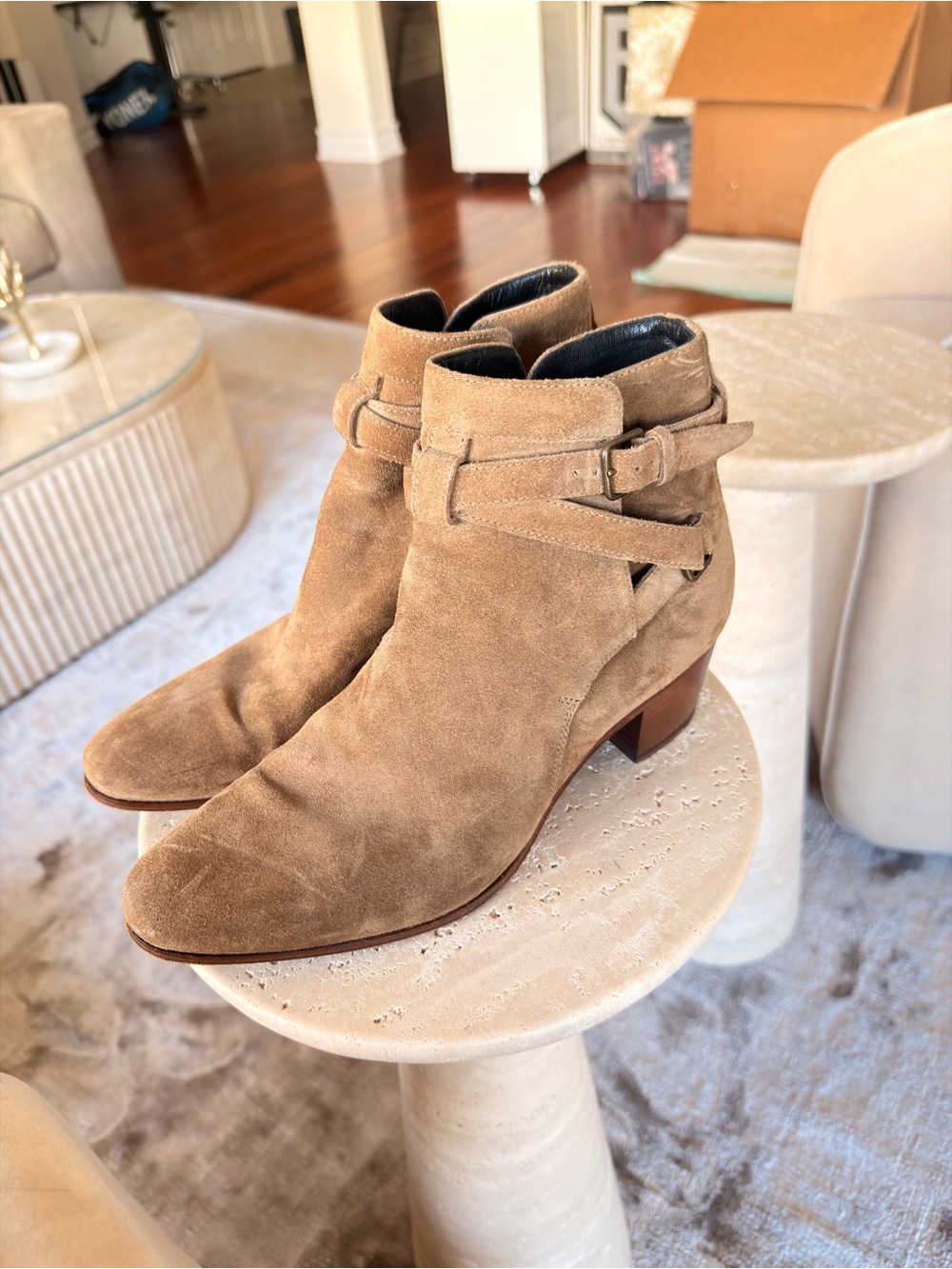 Saint Laurent Tan Suede Ankle Boots with Buckle Detail